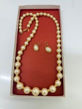 Napier Faux Pearl Necklace & Drop Earrings Set Gold Tone Classic Vintage Style